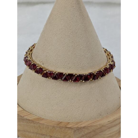 7" 10kt Gold Vermeil Tennis Bracelet Triangle Trilliant Cut Red CZ 925 Sterling - Picture 2 of 6